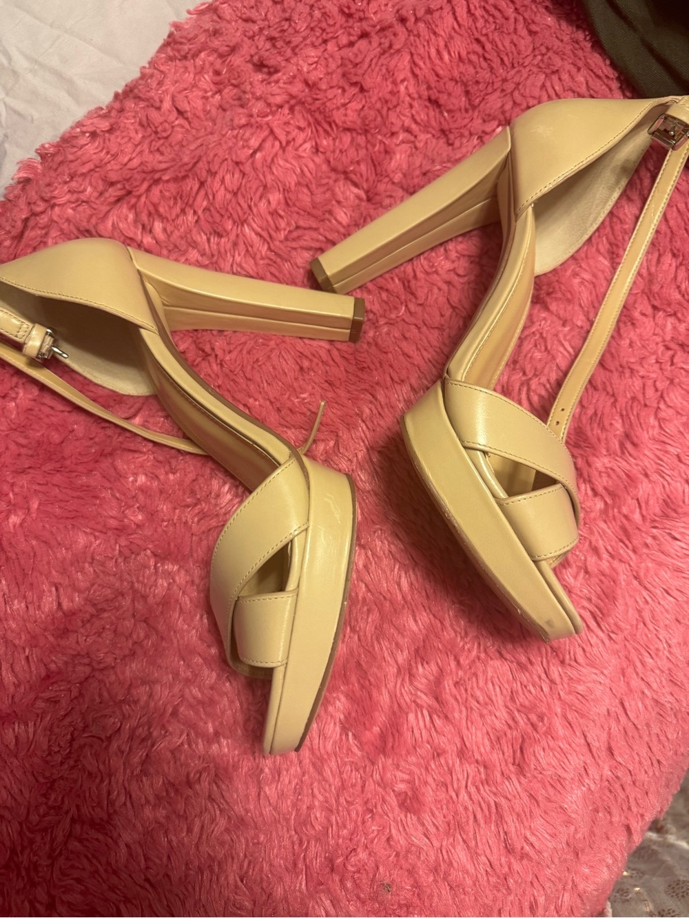 Michael Kors Beige Platform Block Heel Sandals – Women's Ankle Strap Heels